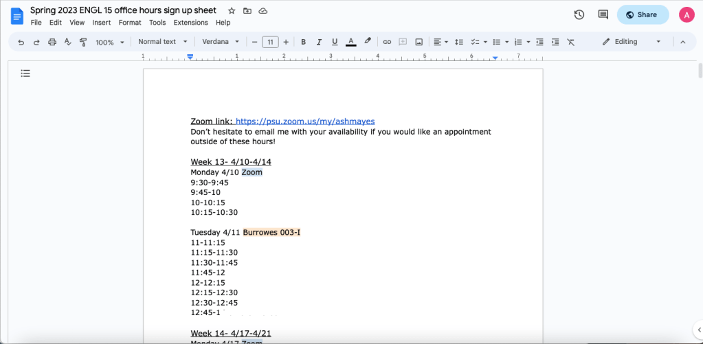 This image shows a Google Doc. The text includes a zoom link, office hour dates and locations, and lists of available time slots. Students have the access to add their names in blank time slots in order to reserve that time.